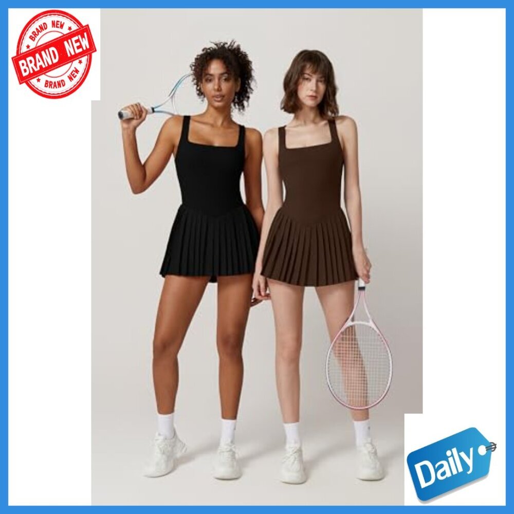 Sleeveless Square Neck Tennis Dress with Built-in Shorts and Pockets - Picture 3 of 7